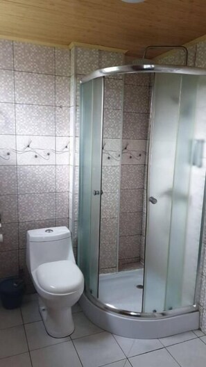 Shower, hydromassage showerhead, towels, soap
