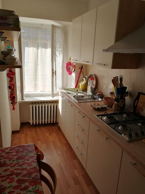 Een koelkast, een magnetron, een oven, een kookplaat