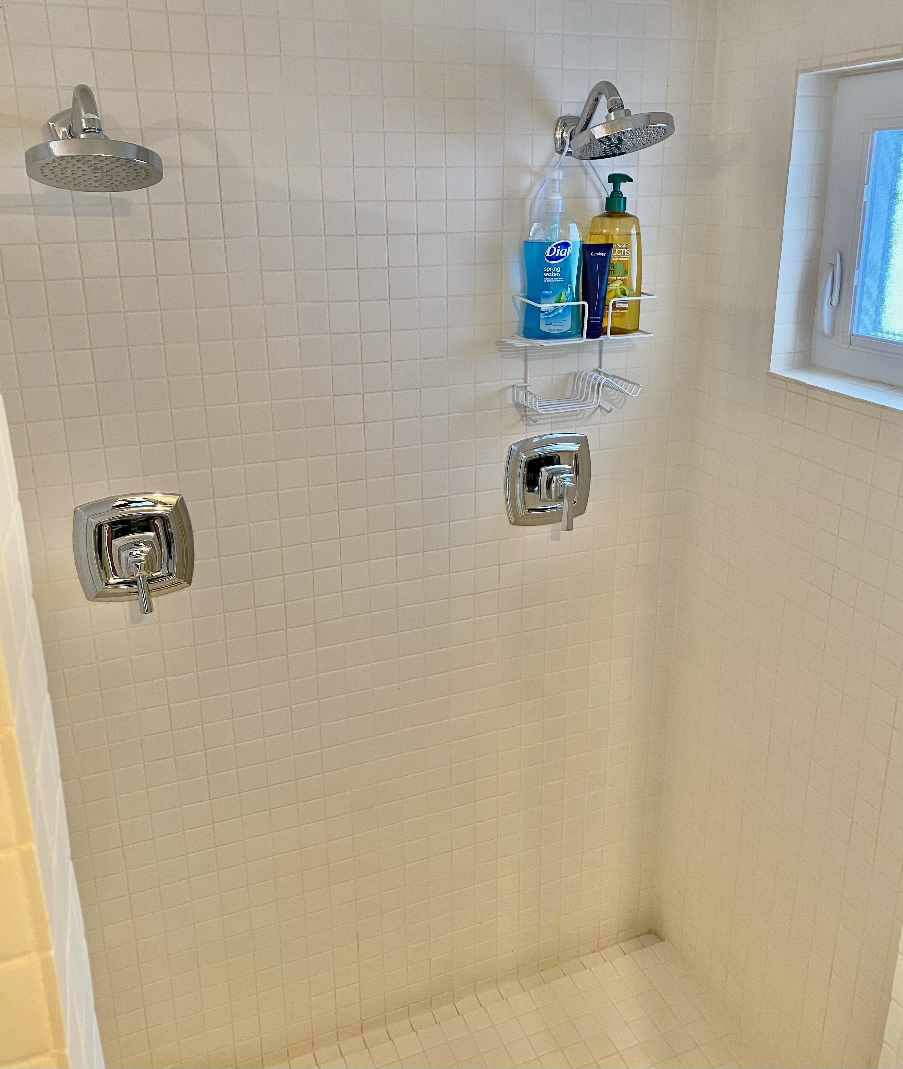 Eine Dusche mit chromfarbenem Duschkopf und Bedienfeld, ein Ablageregal mit Toilettenartikeln und ein Fenster mit Aussicht.