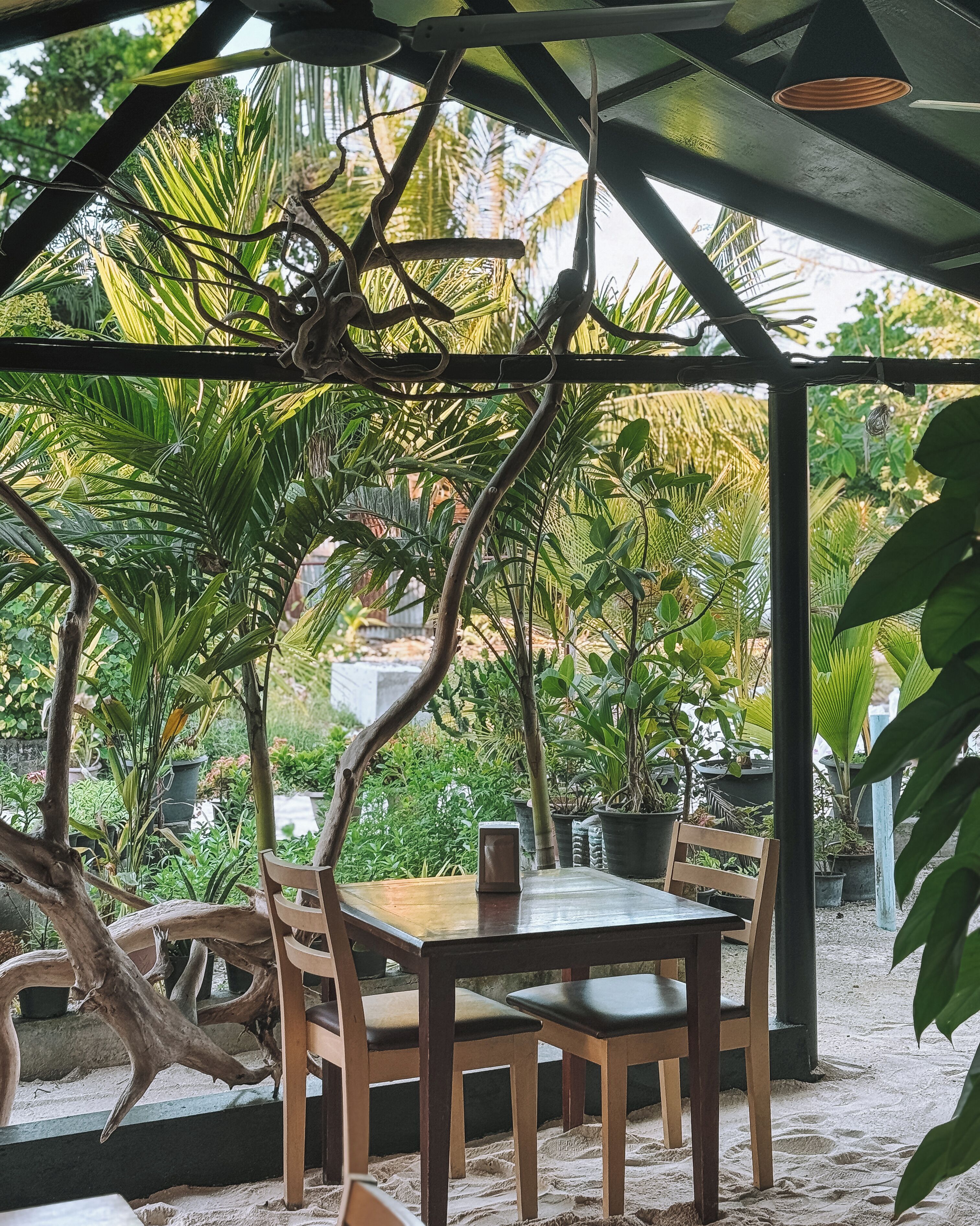 A covered outdoor seating area with a wooden table and chairs, surrounded by lush tropical plants and a hammock.