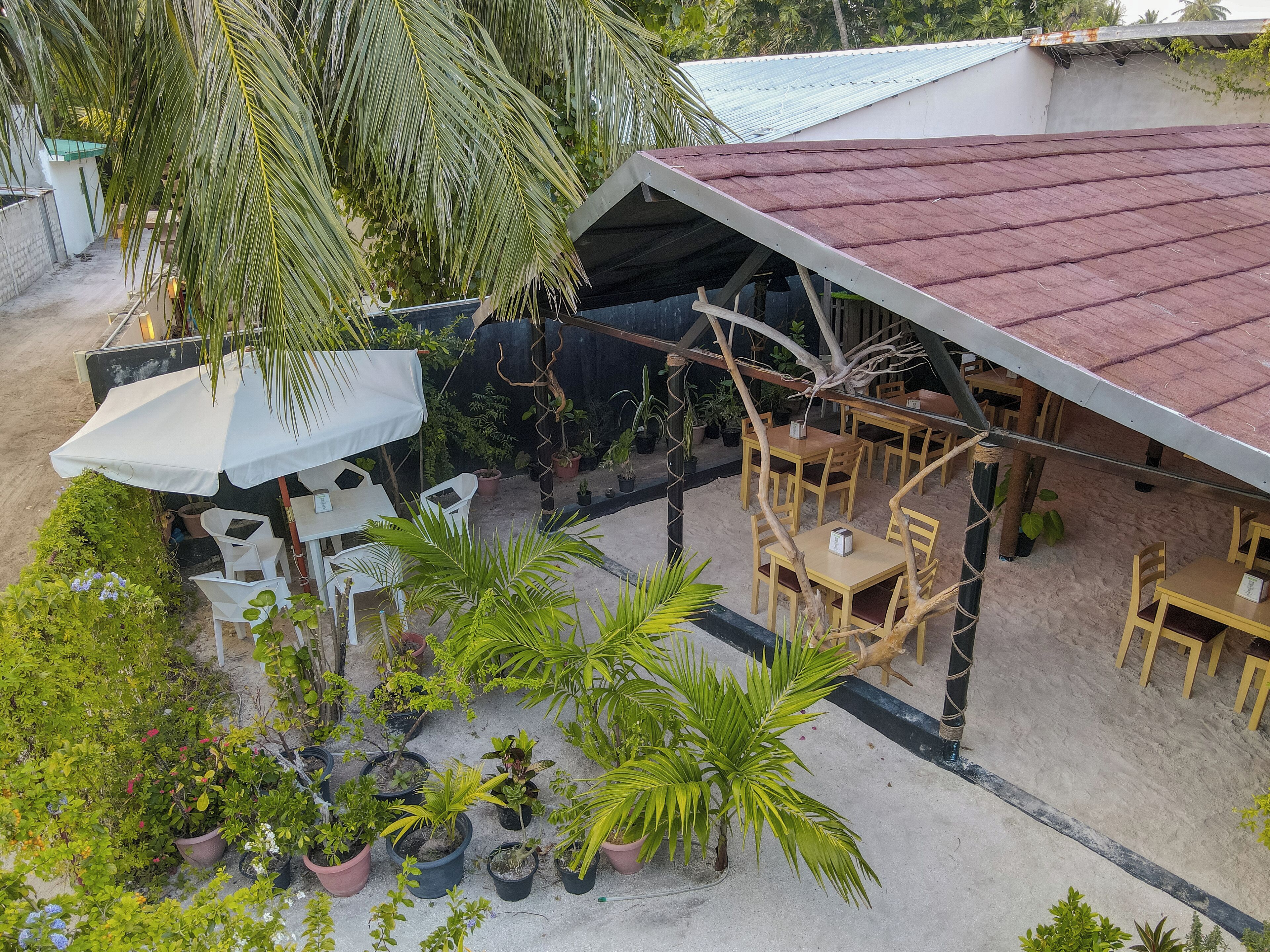 Un espace extérieur aménagé avec des tables et des chaises, entouré de plantes en pot et doté d’une partie couverte.