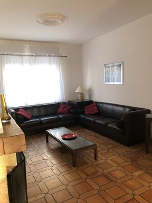 Télévision, cheminée, lecteur de DVD, baby-foot