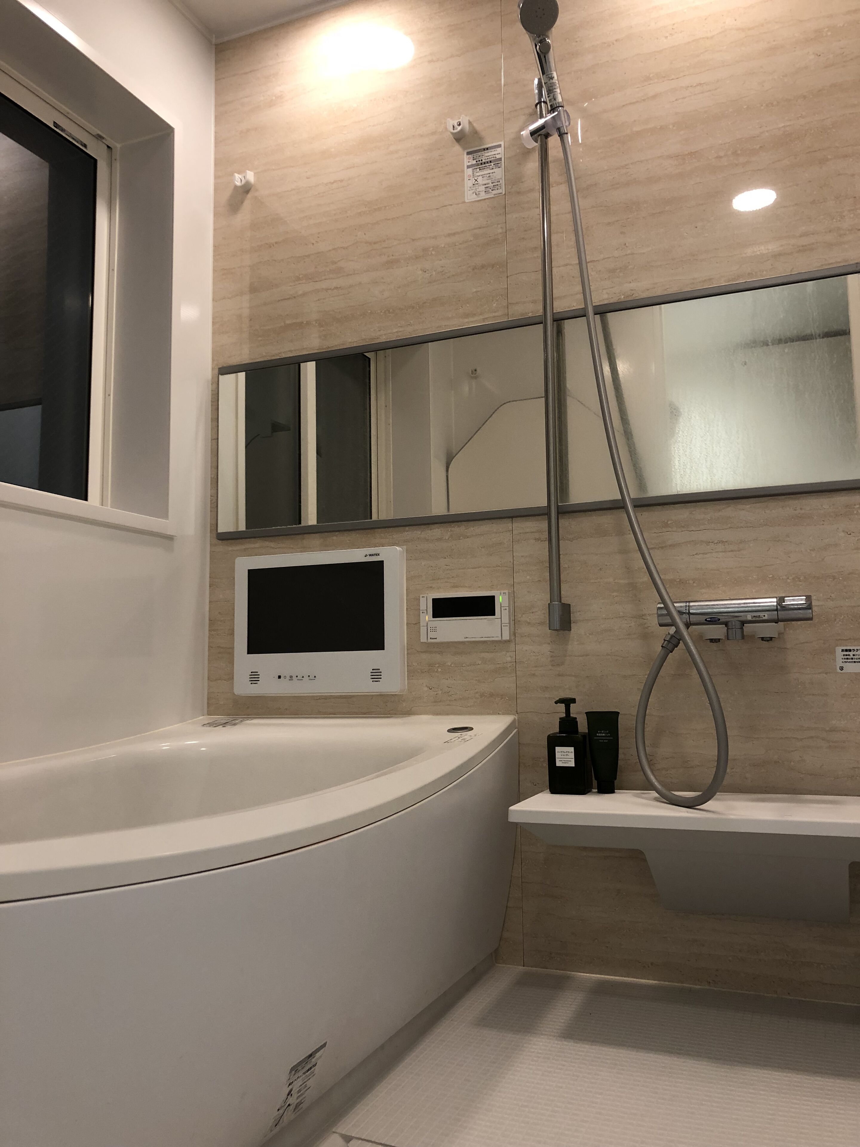 Combined shower/tub, hair dryer, towels, shampoo
