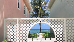Portão fechado com vista para o oceano e uma palmeira.