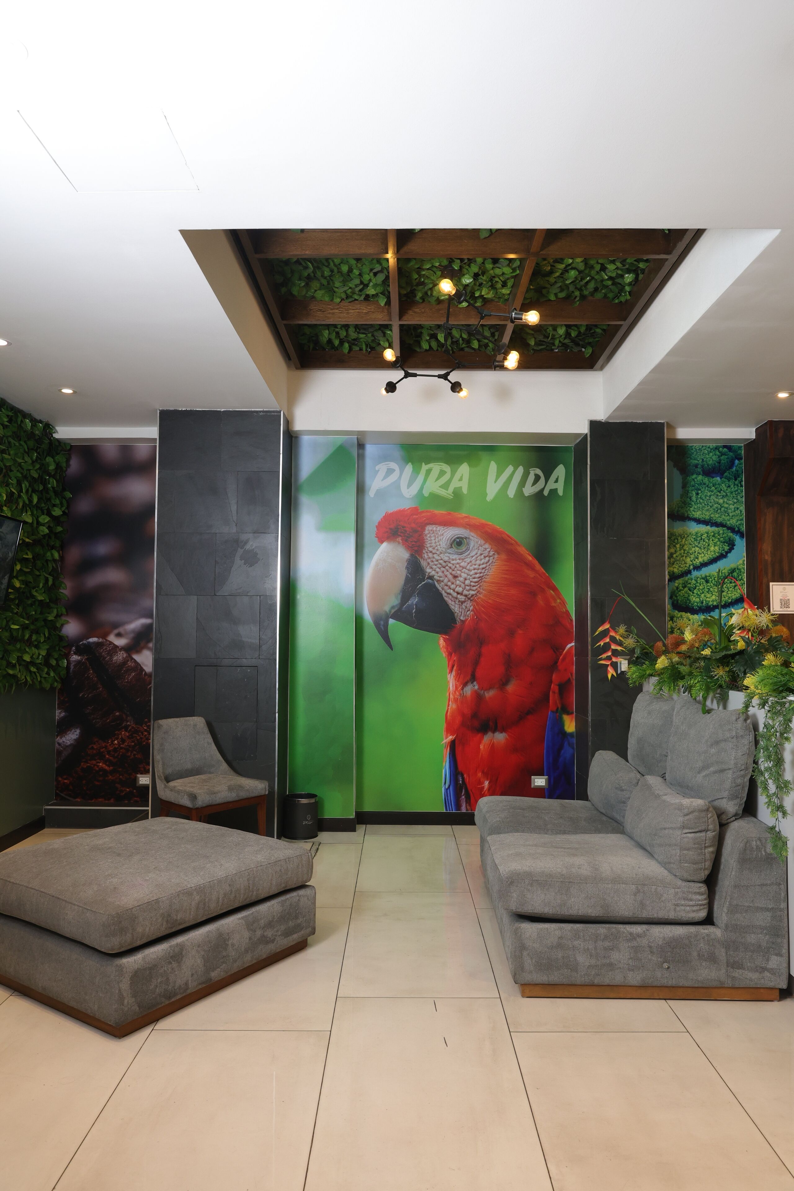 Un intérieur moderne avec un canapé, un fauteuil, un mur vert orné d’une fresque représentant un perroquet, et un plafond avec des poutres en bois et des luminaires suspendus.