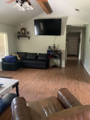 Smart TV, fireplace, DVD player, books