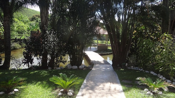 A pathway leading through a garden with a water feature, surrounded by lush greenery and palm trees.