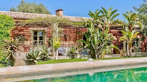 A poolside view of a house with a tiled roof, a pool, and various plants.