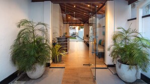 Um edifício moderno com entrada coberta, grandes vasos de plantas e vista para o interior.