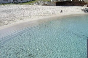 On the beach, sun loungers