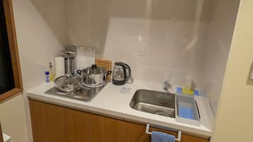 Fridge, microwave, stovetop, electric kettle