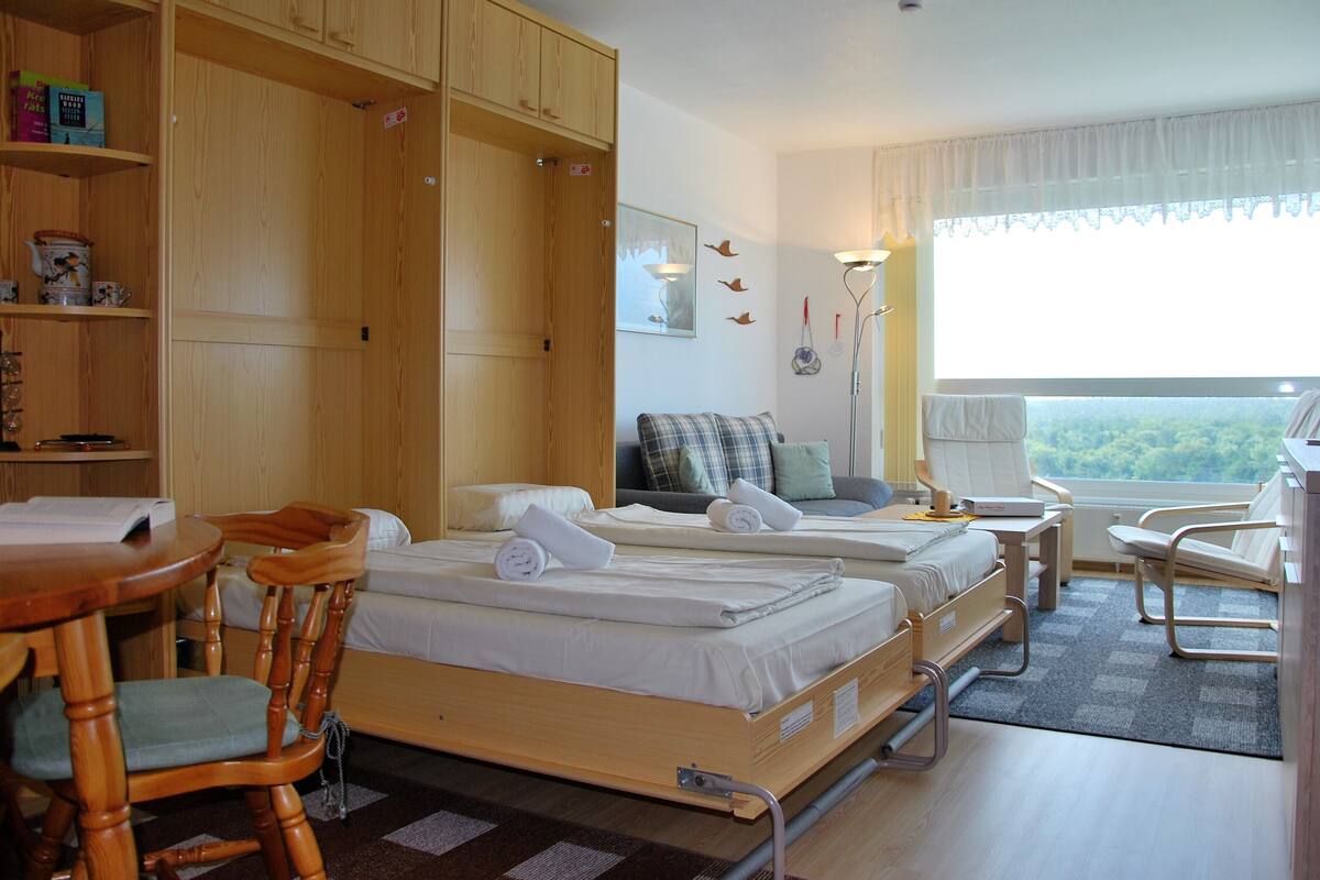 A hotel room with two beds, a desk, a chair, a bookshelf, and a window with a view.