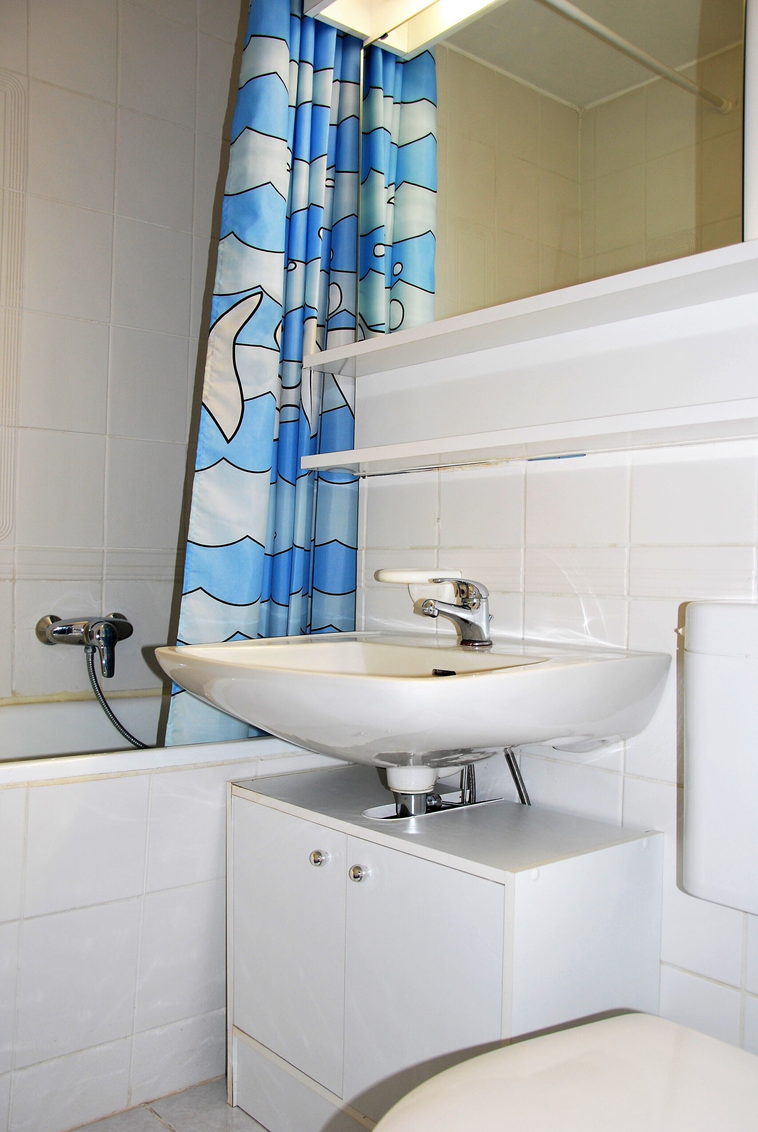 A bathroom with a white sink, a mirror above it, and a shower curtain with a blue and white pattern.