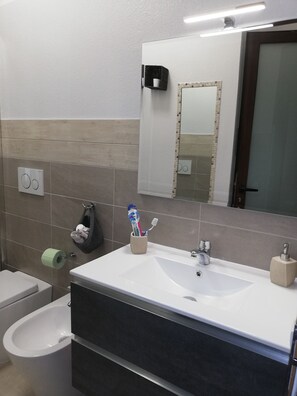 Douche, sĂšche-cheveux, bidet, serviettes fournies