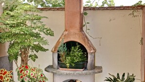 A rustic outdoor oven with a plant pot on top, surrounded by potted plants. - Calm rental for 2 persons, the Blue House in Alsace, in a nice medieval village. (Bergheim)