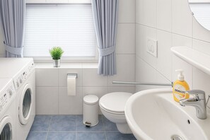 Hair dryer, towels, soap, toilet paper