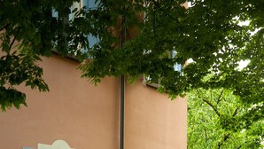 A cozy outdoor seating area with a wooden bench and cushions, a small table, and a potted plant. - Mery Bistrot in Villa Bisbini (Marano sul Panaro)