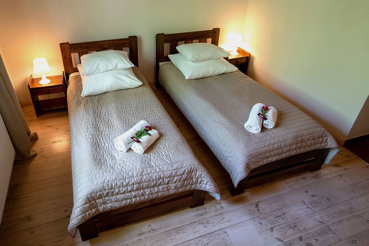Two single beds with wooden frames and headboards, each with a bedside table and lamp.