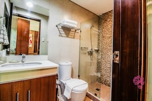 Un baño con lavamanos, inodoro y ducha.
