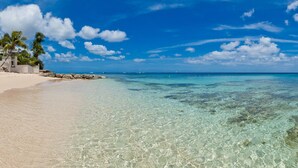 A beach with clear turquoise water, a sandy shore, and a few palm trees. - Stylish Beachfront Villa with Plunge Pool - Still Fathoms (4 bed) (Reeds Bay)