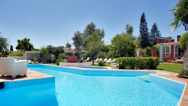 Una piscina con sillones de descanso y un jardín ajardinado.