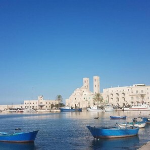 Un puerto deportivo con varias embarcaciones amarradas, un edificio grande con dos torres y un cielo azul despejado.