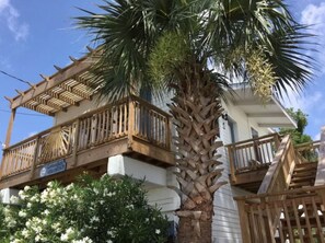A two-story building with a balcony and a palm tree.
