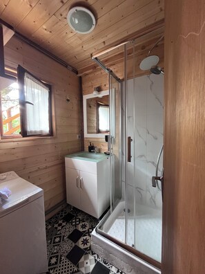Shower, hair dryer, towels