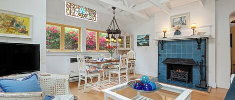 TV, fireplace, DVD player, books