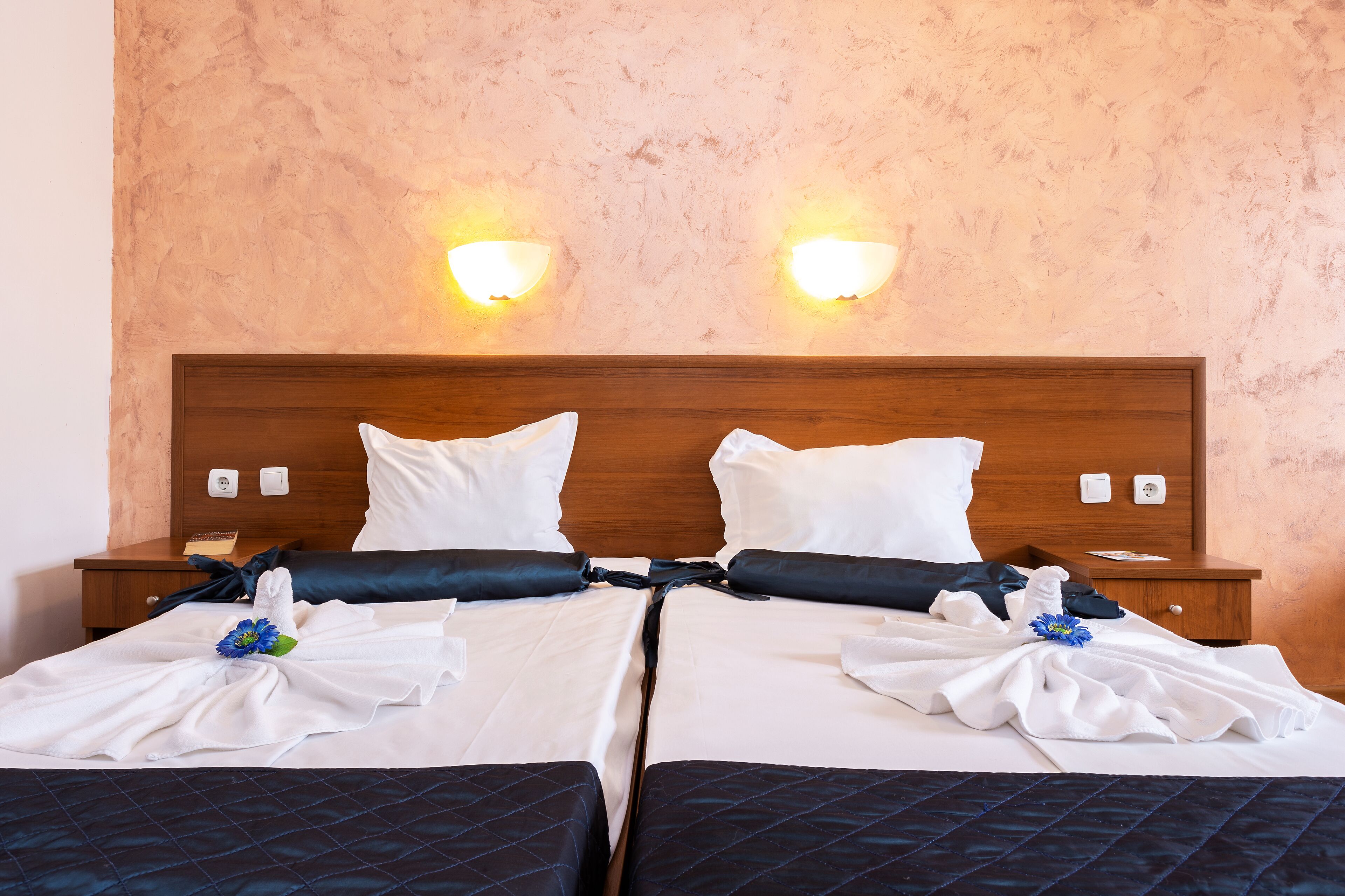 A double room with two beds, wooden headboard, wall-mounted lights, and a wooden nightstand with a phone and a book.