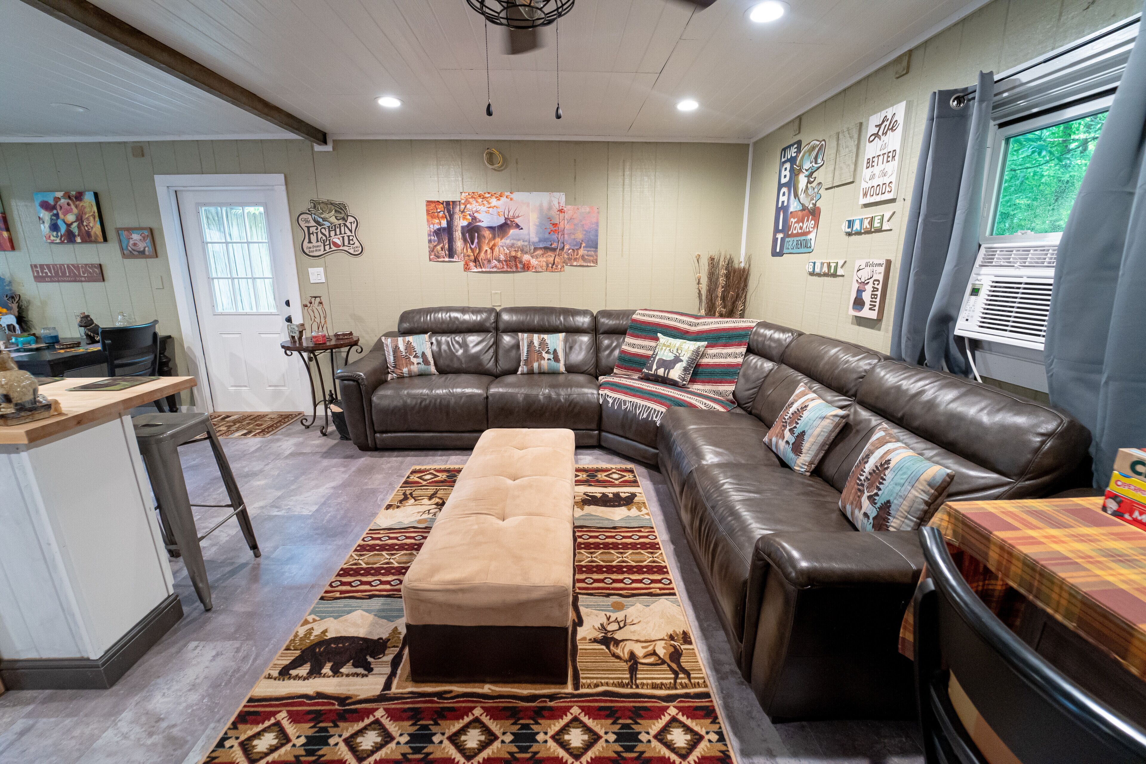 Smart TV, caminetto, lettore DVD, libri