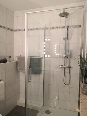 Shower, hair dryer, towels, soap