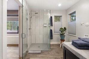 Combined shower/tub, eco-friendly toiletries, hair dryer, towels