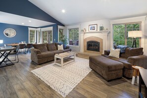 Smart TV, fireplace, books