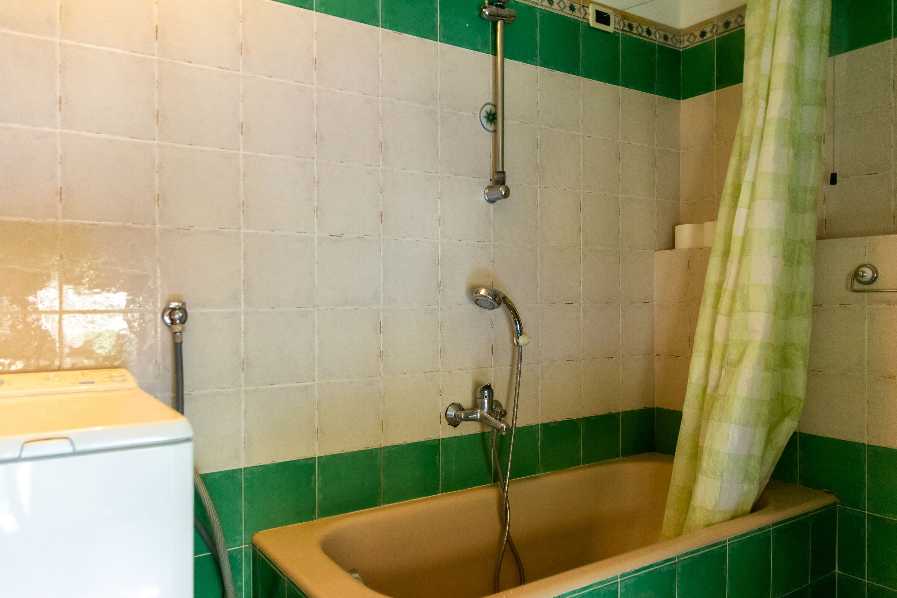 Ein Badezimmer mit Badewanne, Dusche und Waschmaschine.