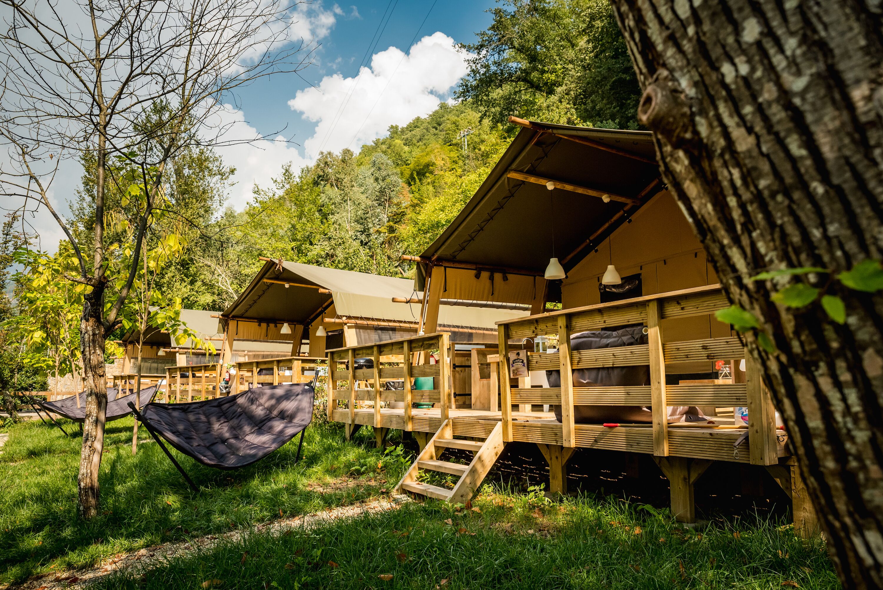 Una serie di cabine in legno con piattaforme rialzate e amache.