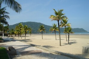 A beach with palm trees and a mountain in the background. - Great location (Praia Grande)