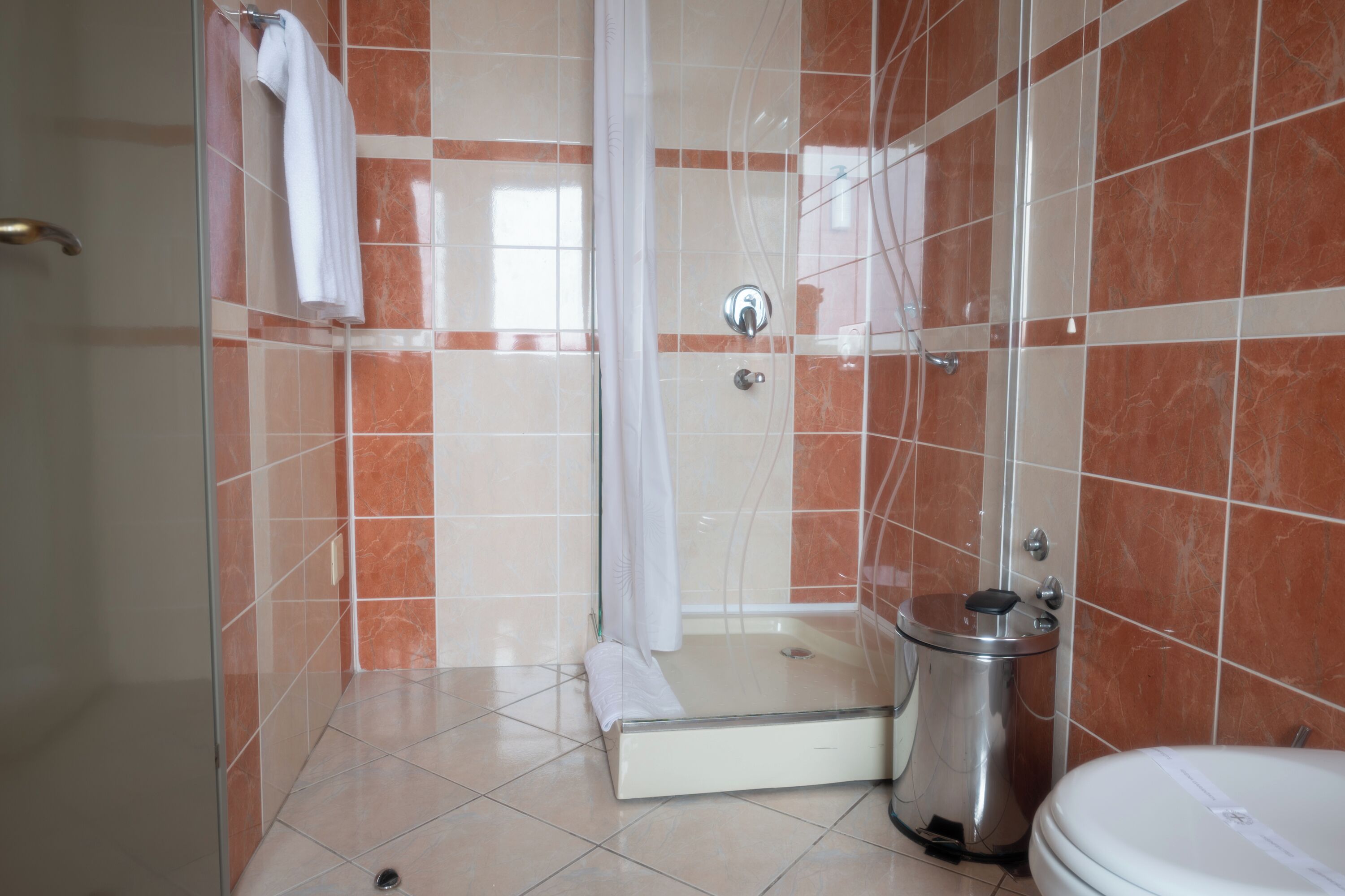 A bathroom with a glass-enclosed shower, a toilet, and a trash bin.