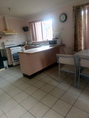 Fridge, microwave, electric kettle, toaster