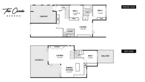 Plan d’étage du complexe d’appartements The Condo Gerroa, comprenant un abri pour voiture, un salon, une salle à manger/cuisine et un balcon.
