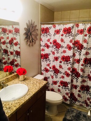 Combined shower/bathtub, hair dryer, towels, soap