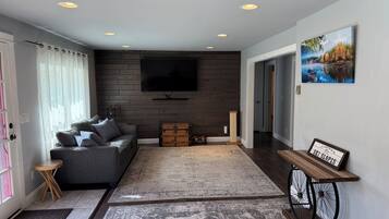 Smart TV, fireplace, video games, foosball