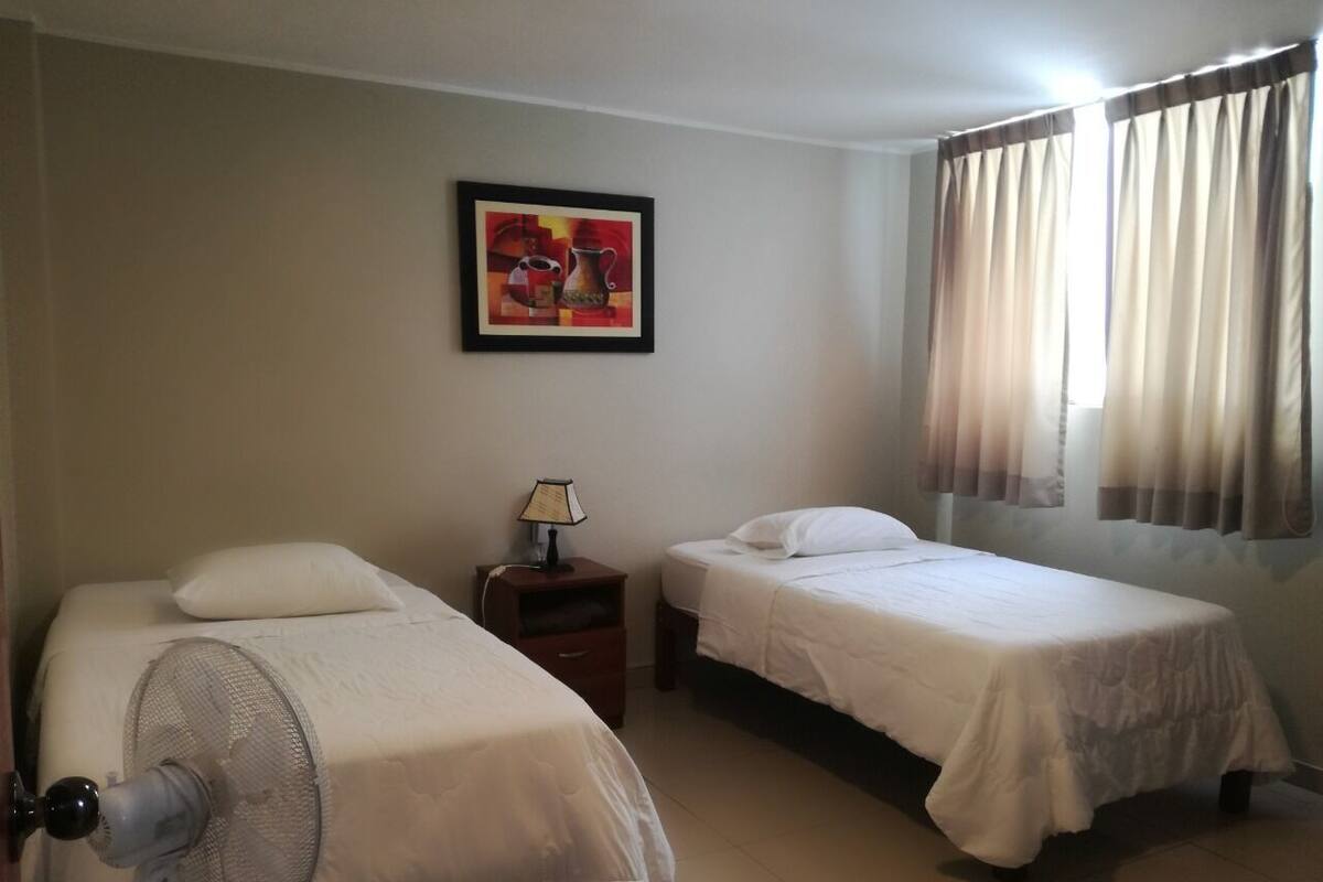 Laptop workspace, blackout curtains, free WiFi, bed sheets