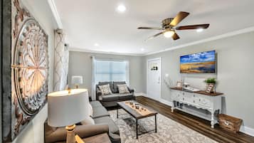 Smart TV, fireplace, table tennis, books