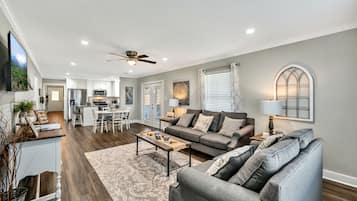 Smart TV, fireplace, table tennis, books