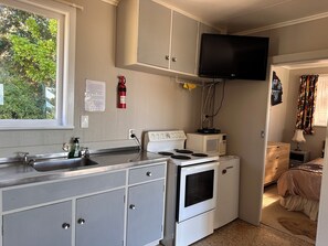 Fridge, microwave, stovetop, electric kettle