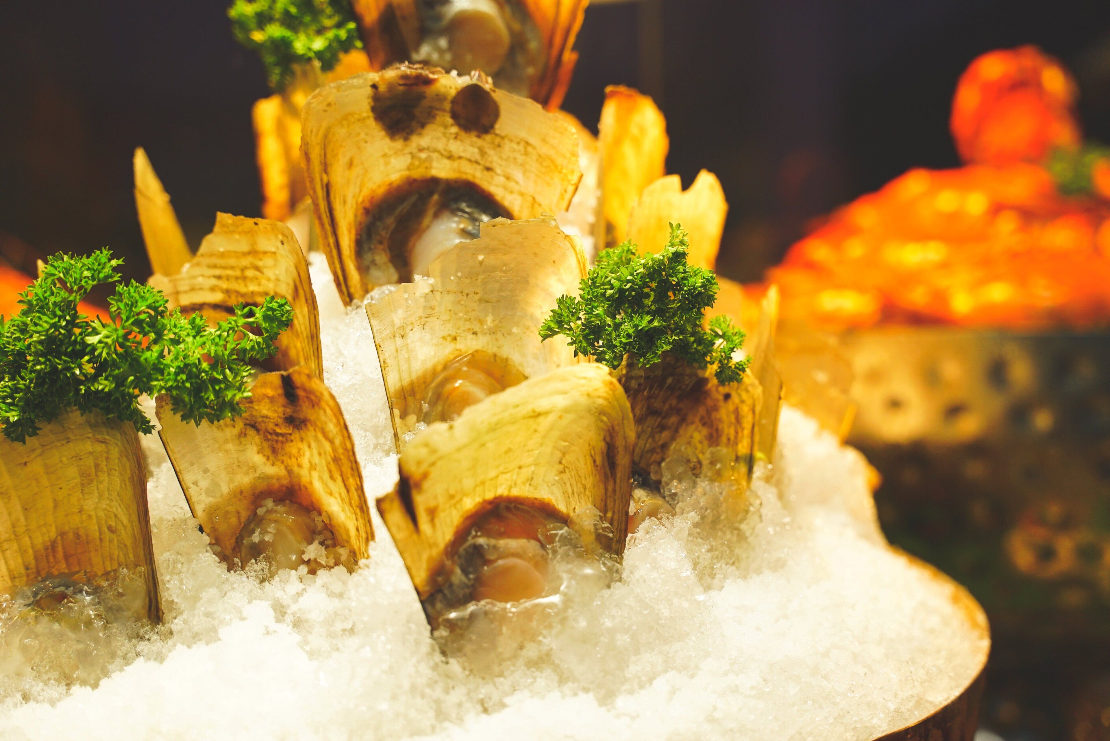 A seafood dish with ice and parsley garnish.