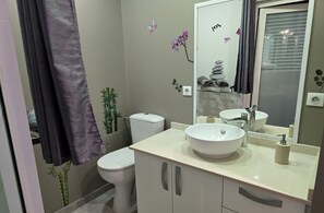 Douche, séchoir à cheveux, serviettes fournies