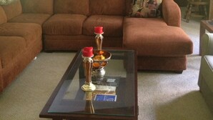 Un salon avec un canapé marron, une table basse en verre et une cheminée.