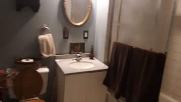 Combined shower/tub, hair dryer, towels, soap